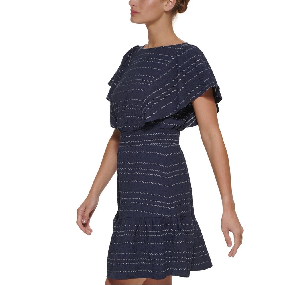 DKNY Navy and White Wave-Stripe Dress